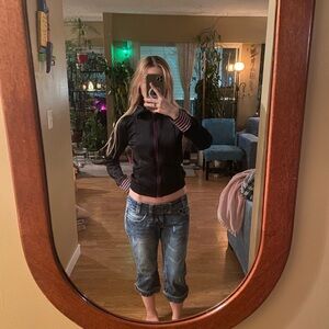 Black Adidas Jacket with Striped Cuffs